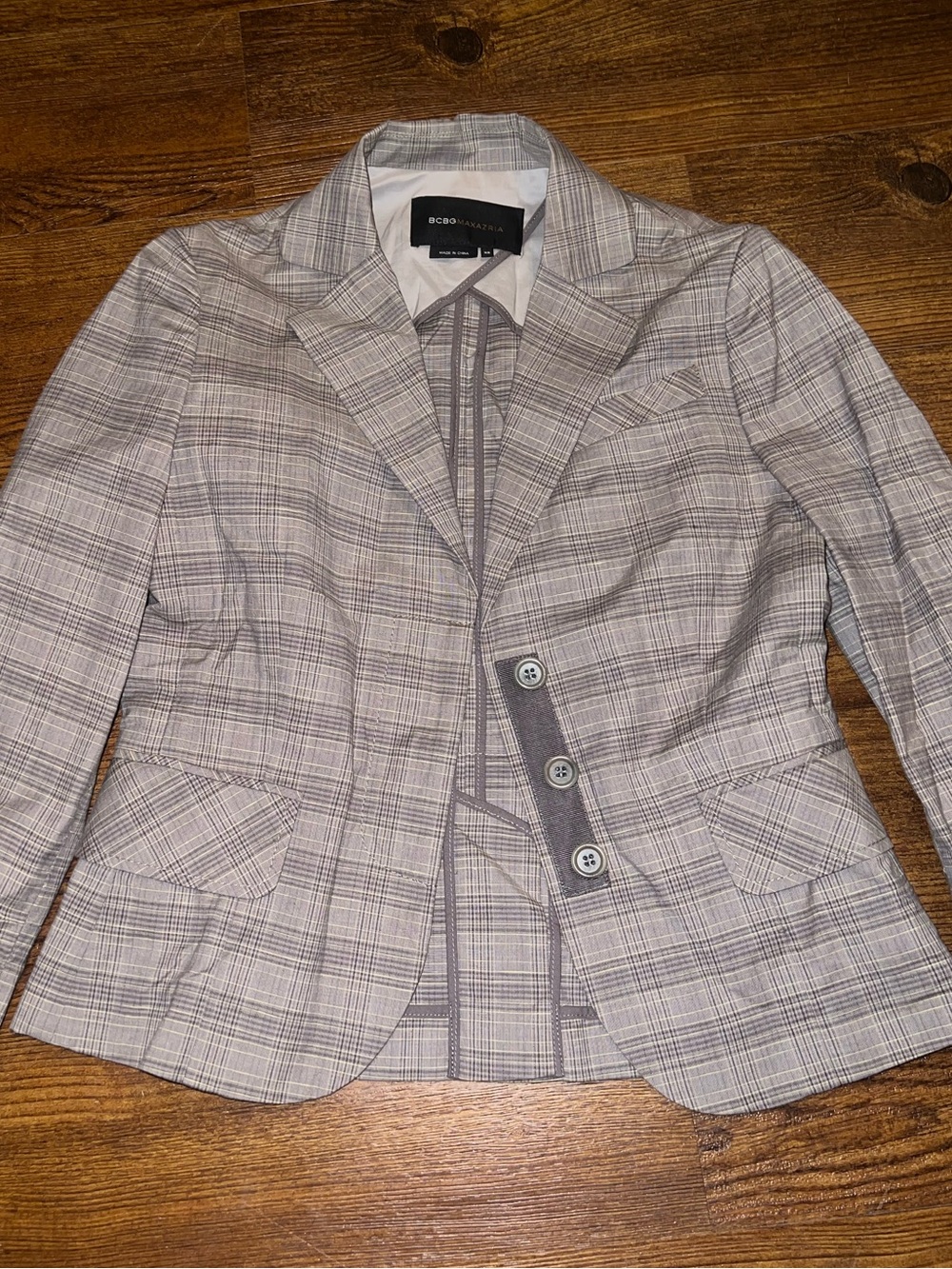BCBG Brown Plaid Blazer Jacket Gray Fitted Workwear Office Career Chic Size XS